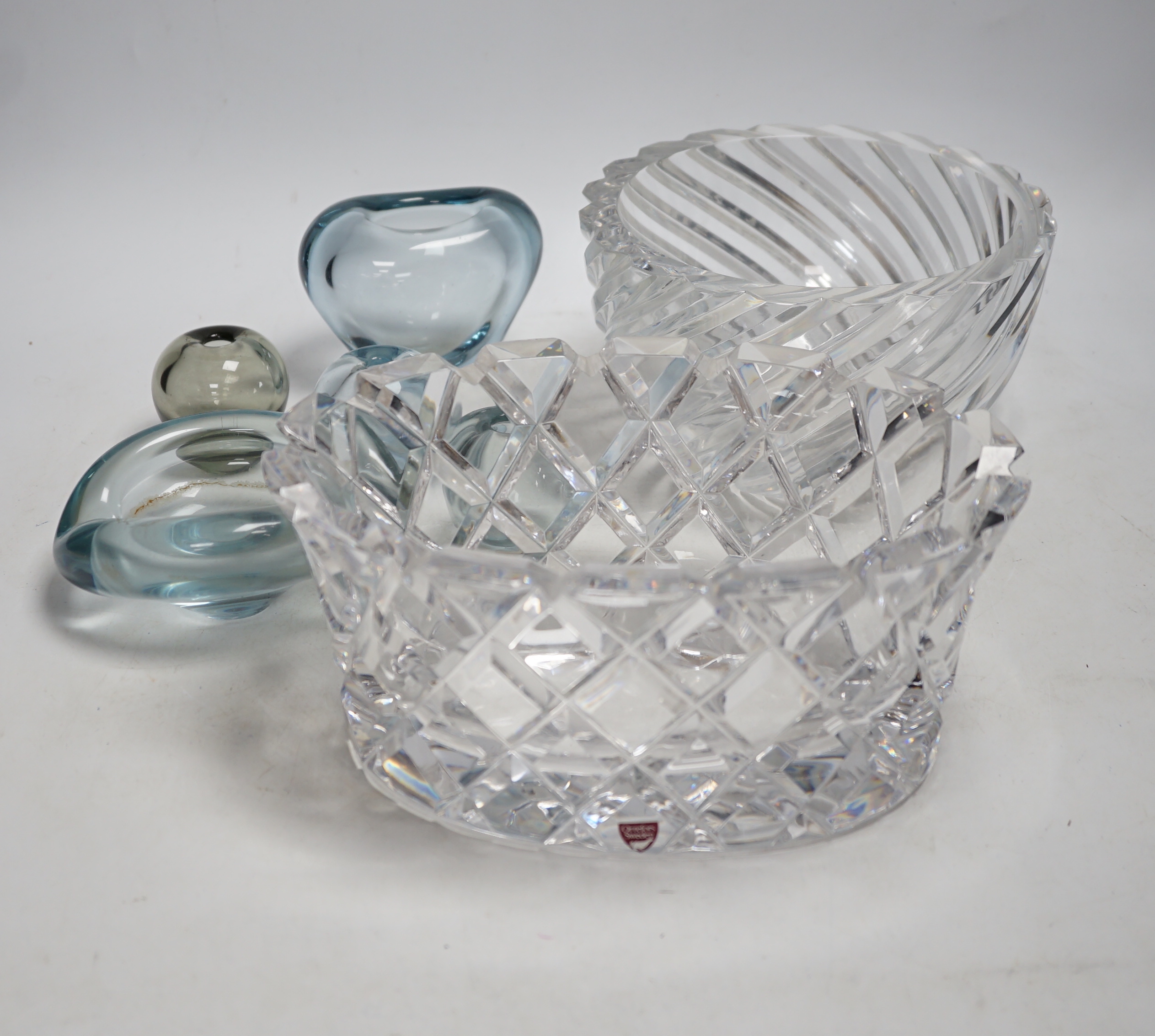 Seven glass items including two Orrefors, Sweden heavy cut glass bowls, one by Jan Johansson, and five smaller glass items by Holmgaard, etc., largest 24cm diameter